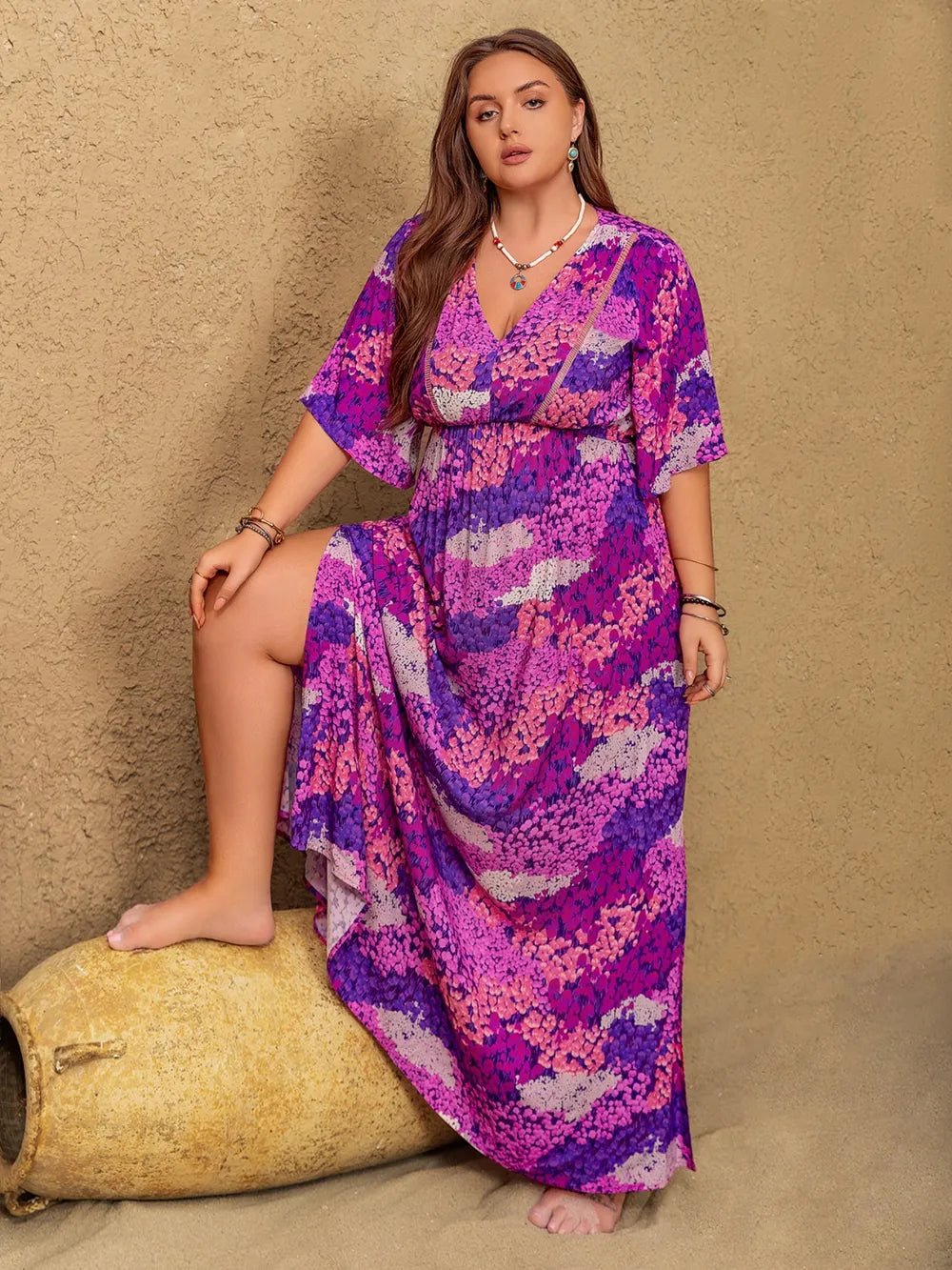 Plus Size Slit Printed Half Sleeve Maxi Dress - MAD RUFFI