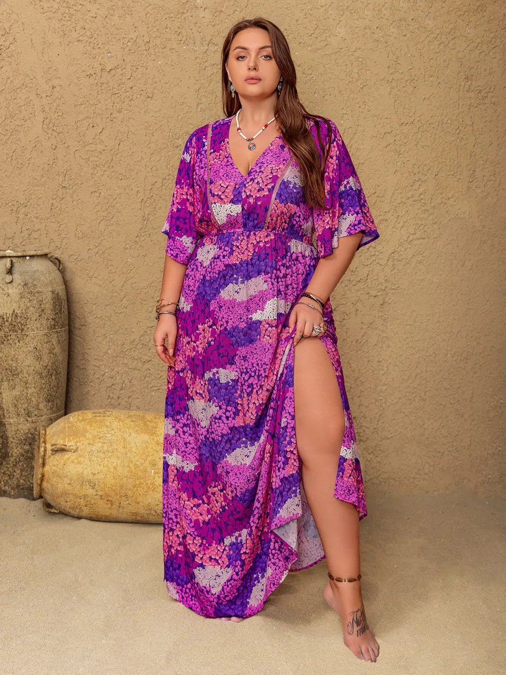Plus Size Slit Printed Half Sleeve Maxi Dress - MAD RUFFI