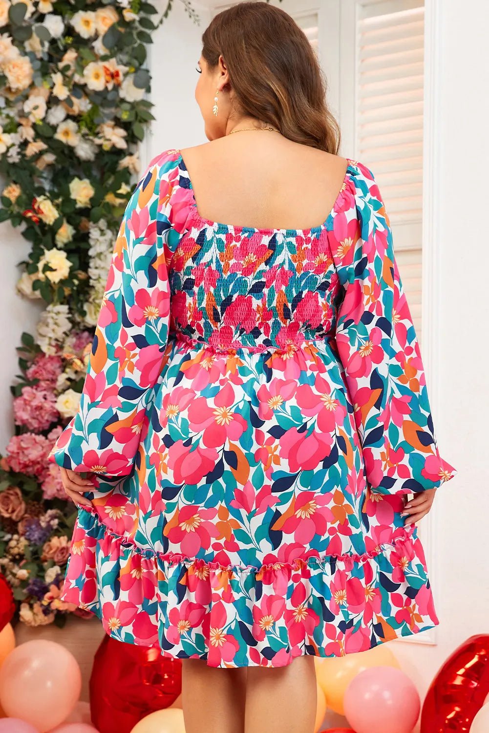 Plus Size Smocked Floral Square Neck Balloon Sleeve Dress - MAD RUFFI
