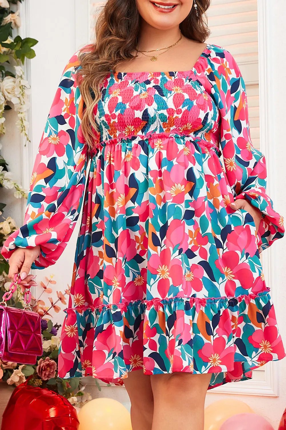 Plus Size Smocked Floral Square Neck Balloon Sleeve Dress - MAD RUFFI