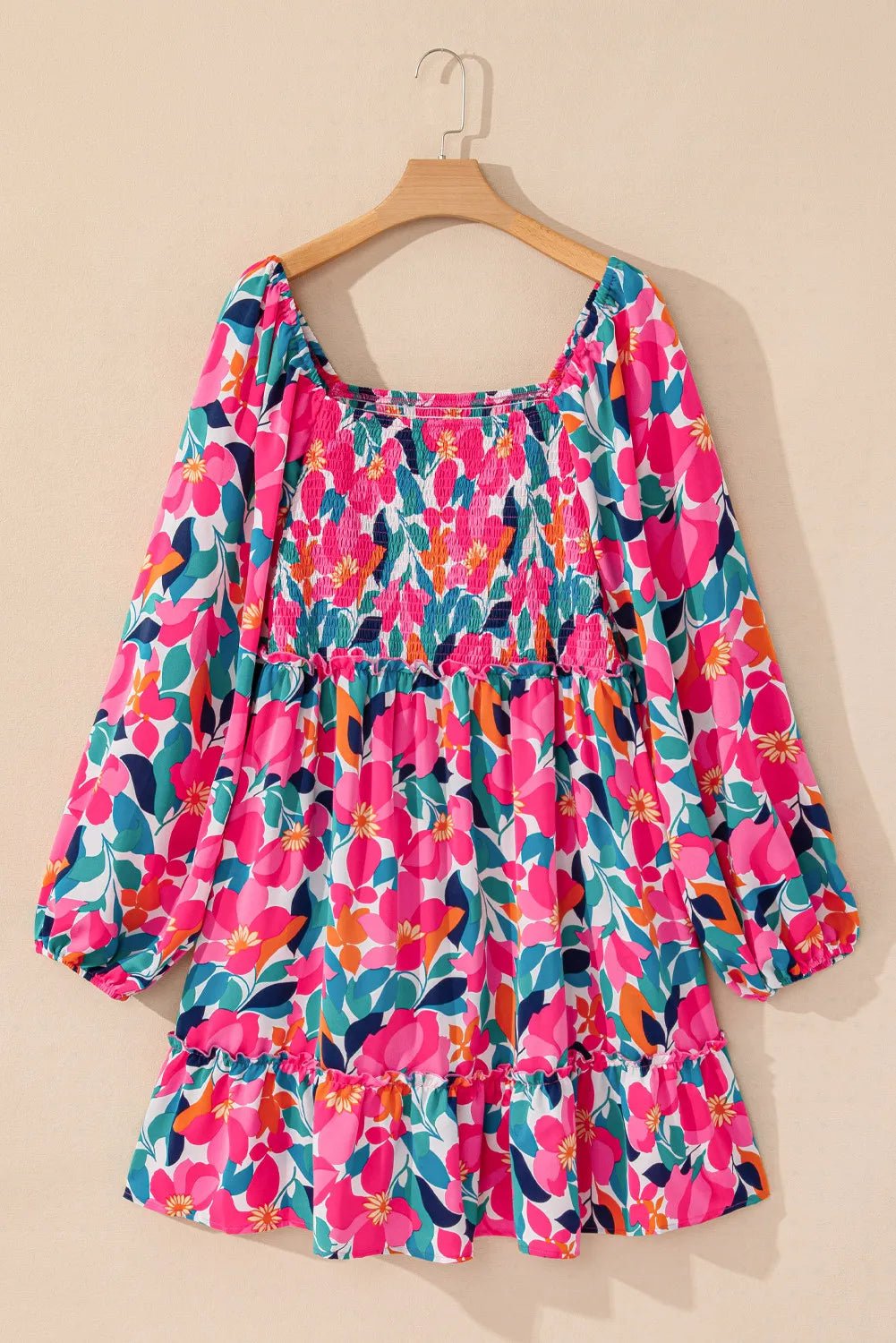 Plus Size Smocked Floral Square Neck Balloon Sleeve Dress - MAD RUFFI