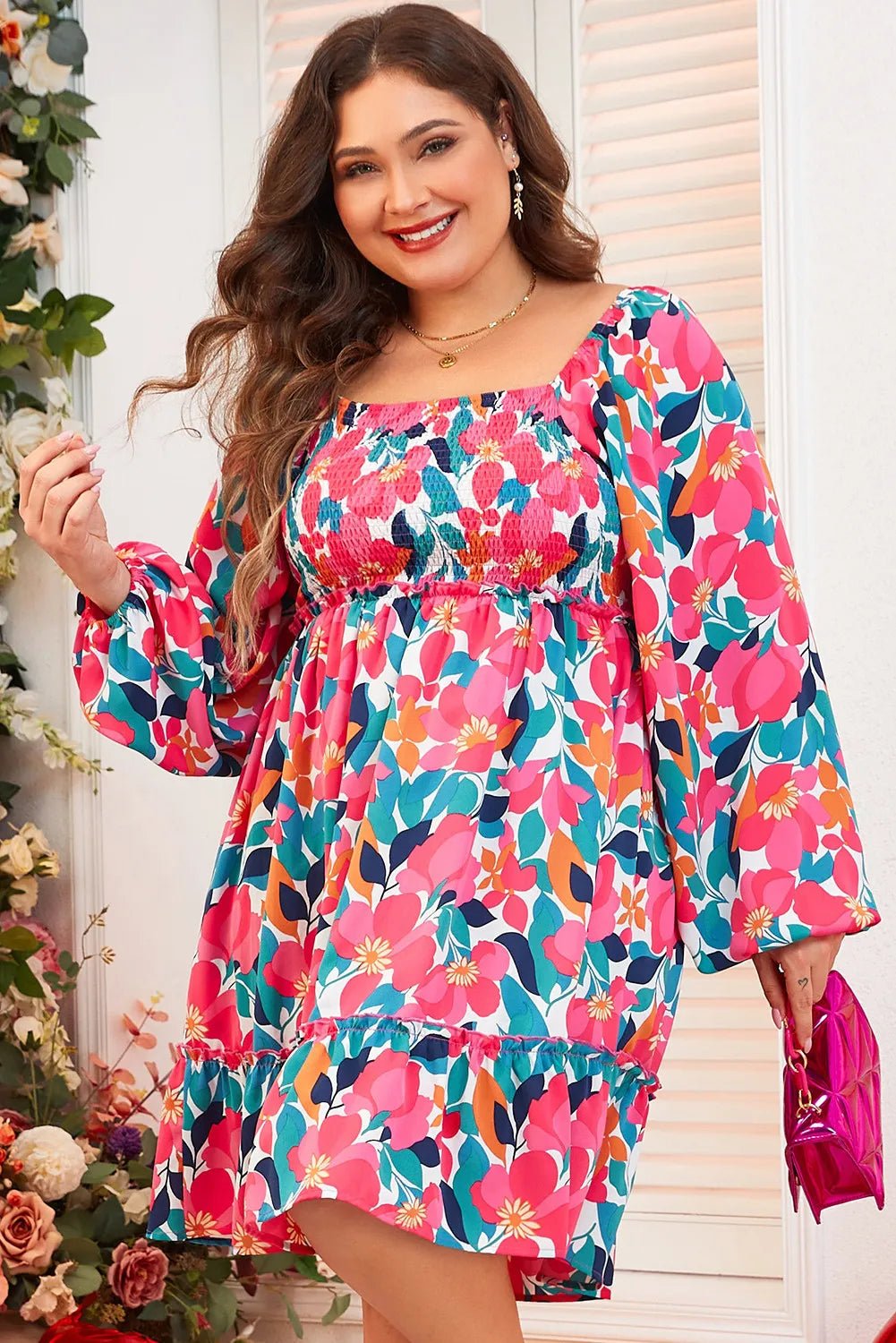 Plus Size Smocked Floral Square Neck Balloon Sleeve Dress - MAD RUFFI