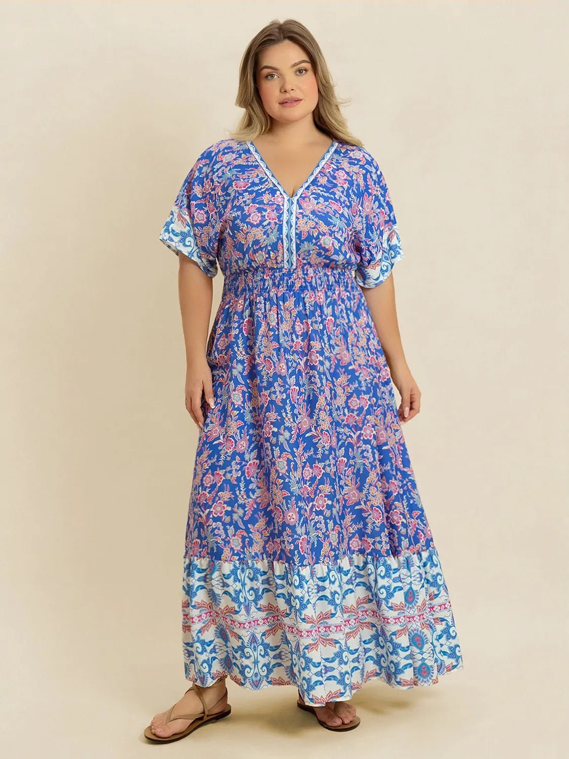 Plus Size Smocked Printed Half Sleeve Midi Dress - MAD RUFFI