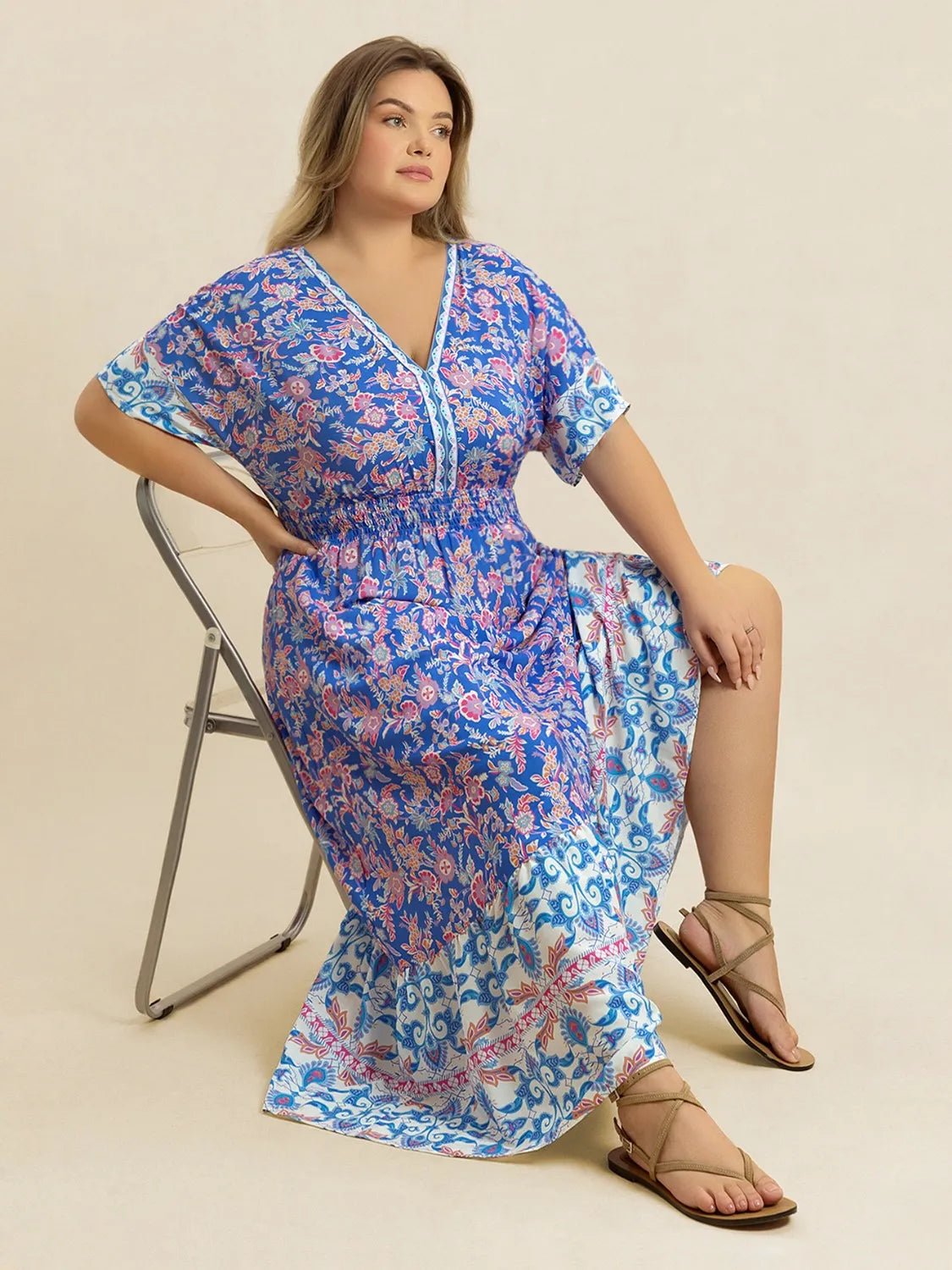 Plus Size Smocked Printed Half Sleeve Midi Dress - MAD RUFFI