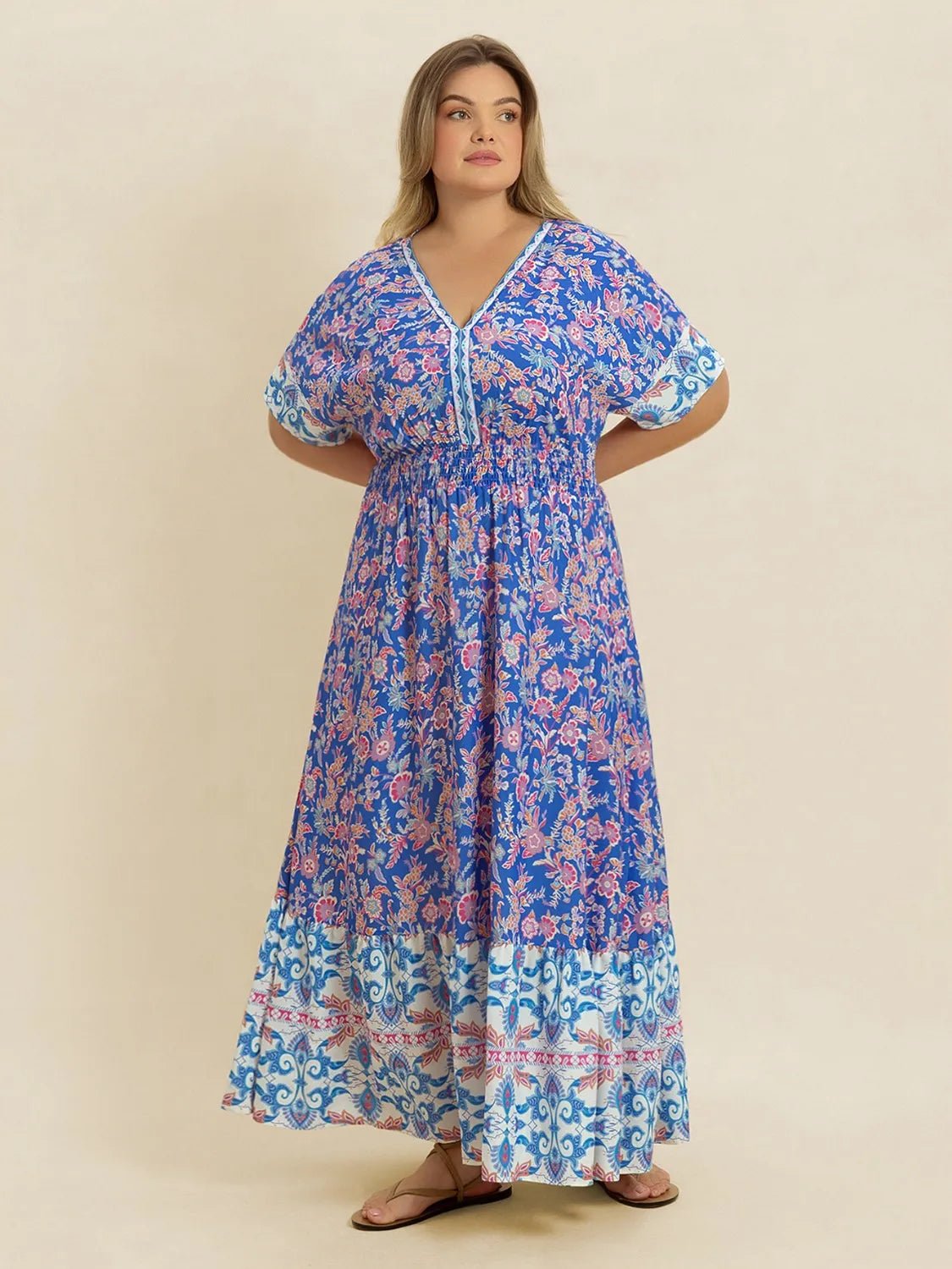 Plus Size Smocked Printed Half Sleeve Midi Dress - MAD RUFFI