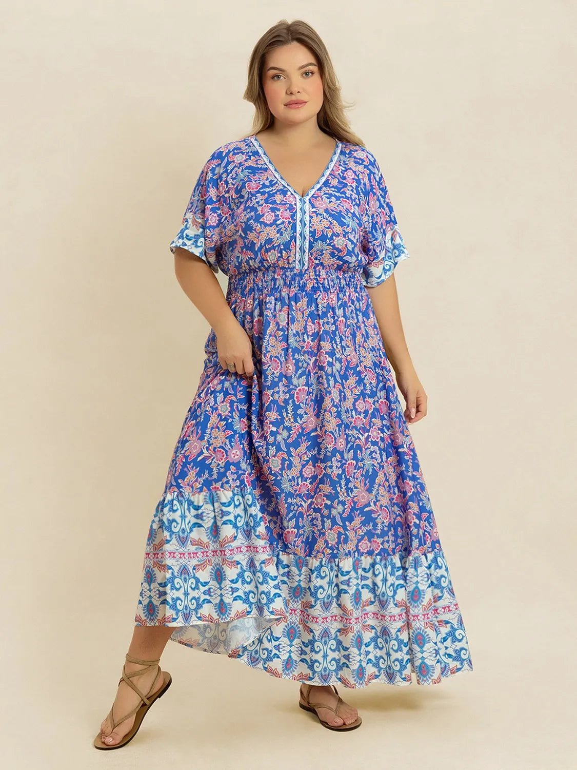 Plus Size Smocked Printed Half Sleeve Midi Dress - MAD RUFFI