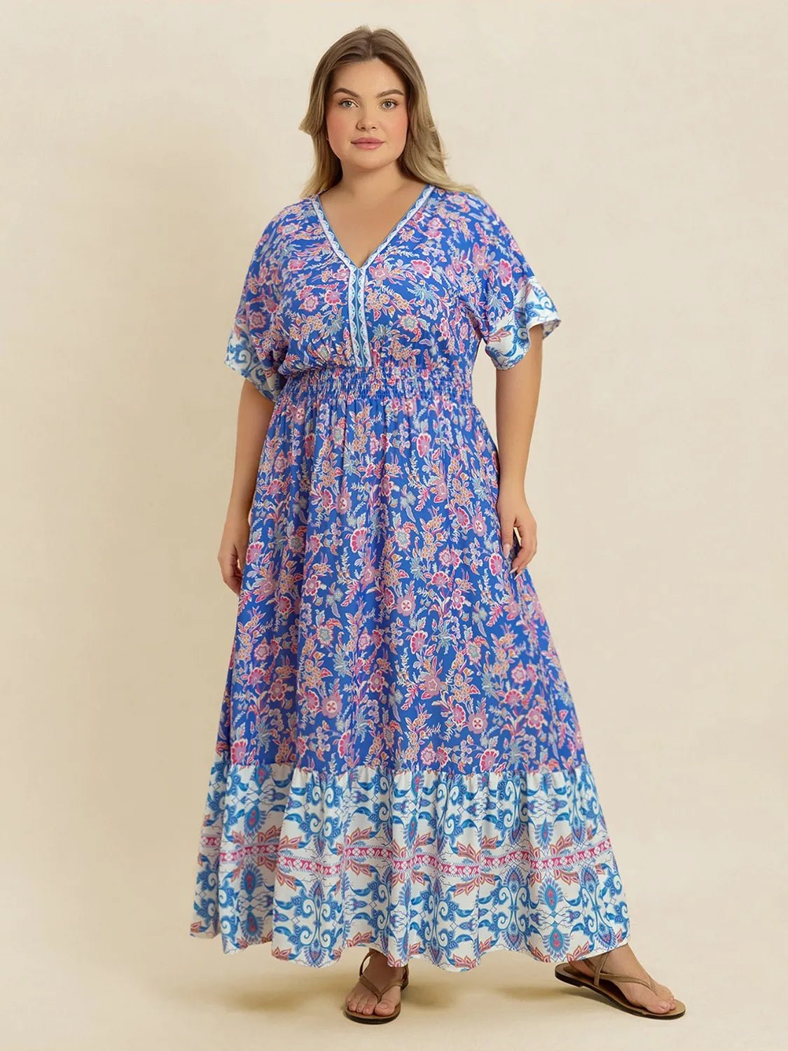Plus Size Smocked Printed Half Sleeve Midi Dress - MAD RUFFI