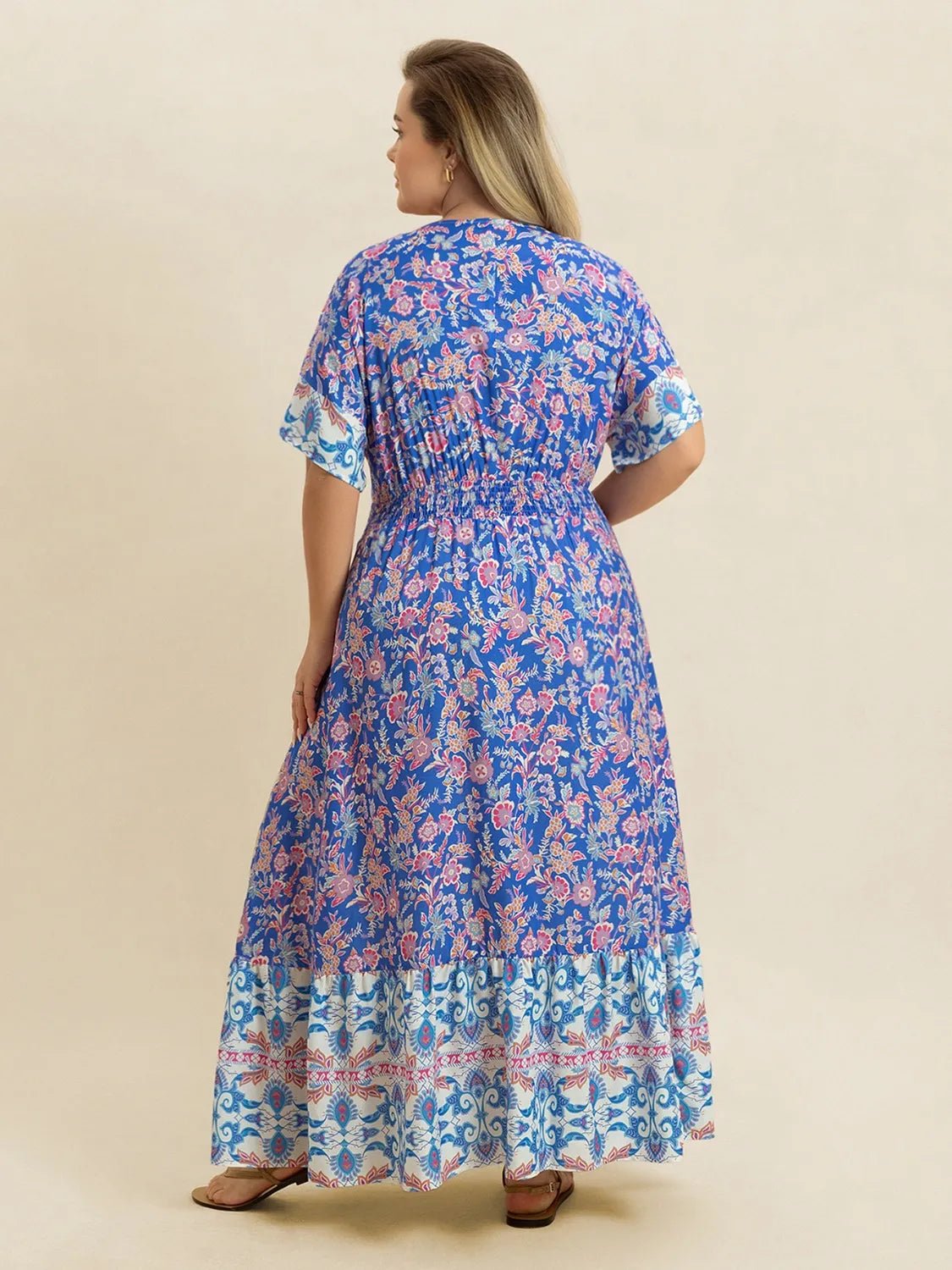 Plus Size Smocked Printed Half Sleeve Midi Dress - MAD RUFFI