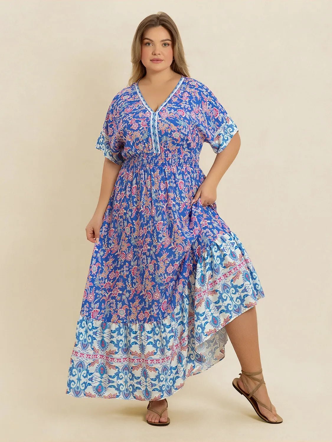 Plus Size Smocked Printed Half Sleeve Midi Dress - MAD RUFFI