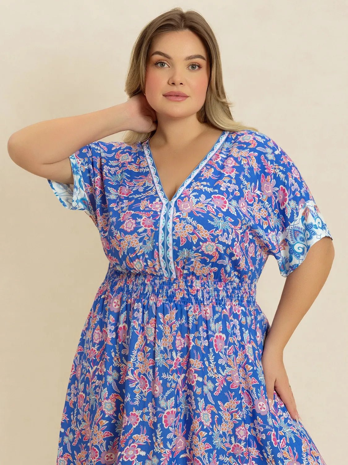 Plus Size Smocked Printed Half Sleeve Midi Dress - MAD RUFFI