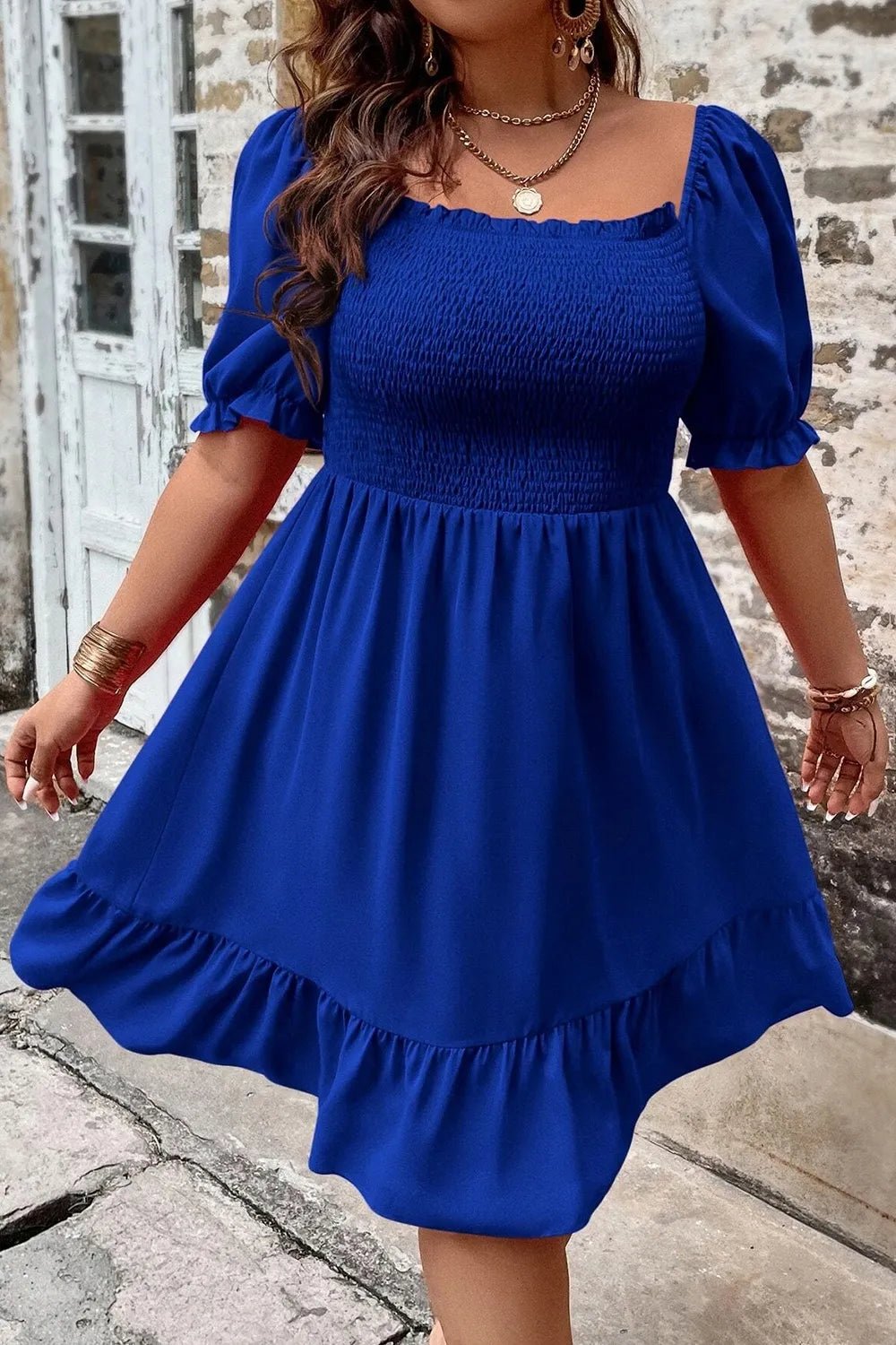 Plus Size Smocked Square Neck Short Sleeve Dress - MAD RUFFI