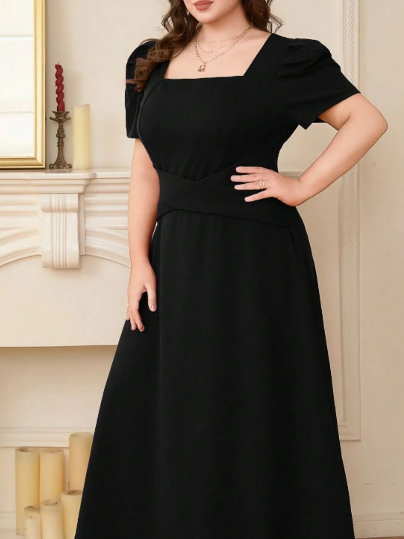 Plus Size Square Neck Puff Sleeve Midi Dress - MAD RUFFI