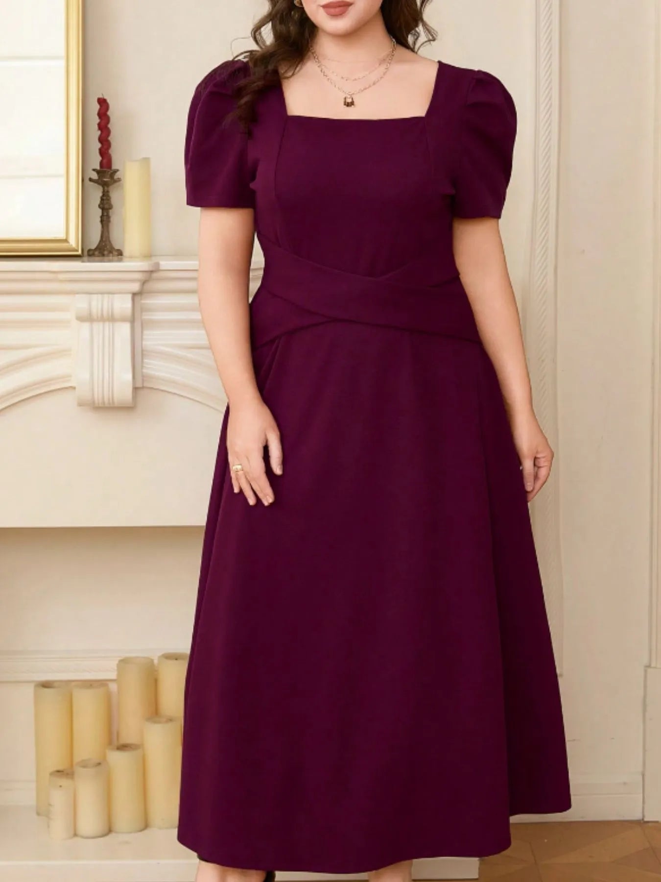 Plus Size Square Neck Puff Sleeve Midi Dress - MAD RUFFI