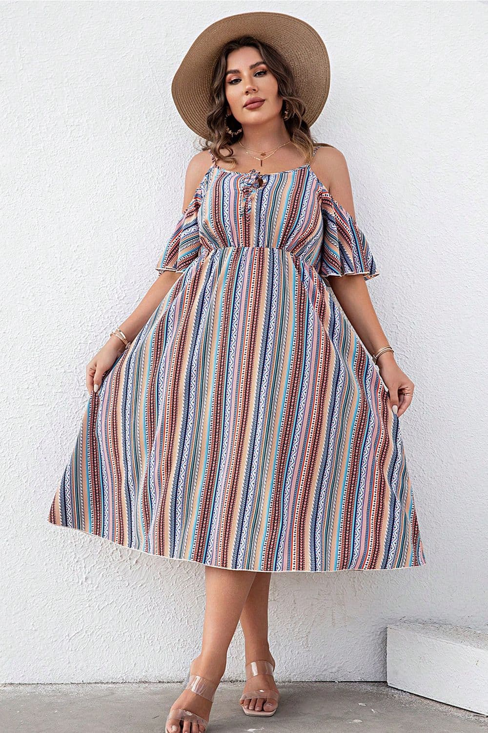 Plus Size Striped Cold - Shoulder Dress - MAD RUFFI