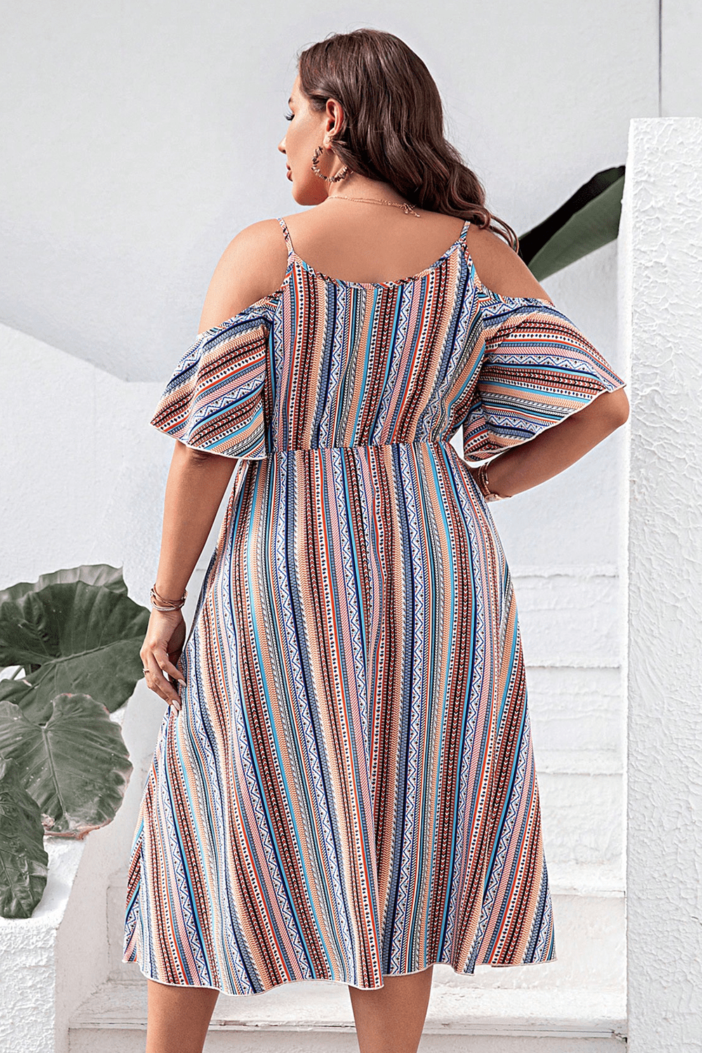 Plus Size Striped Cold - Shoulder Dress - MAD RUFFI