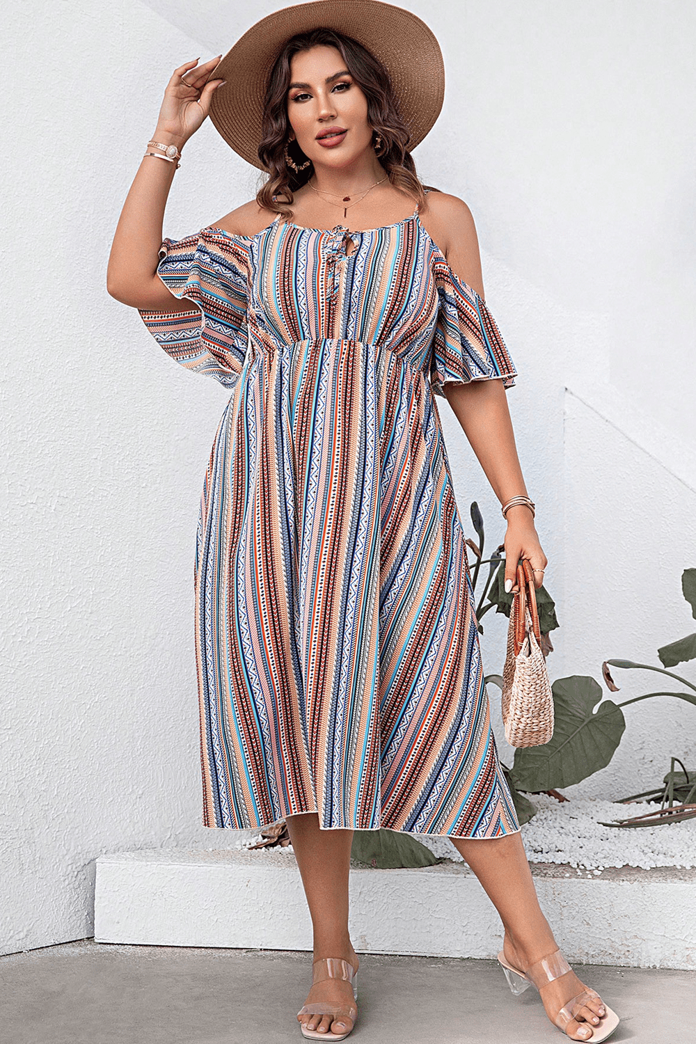 Plus Size Striped Cold - Shoulder Dress - MAD RUFFI
