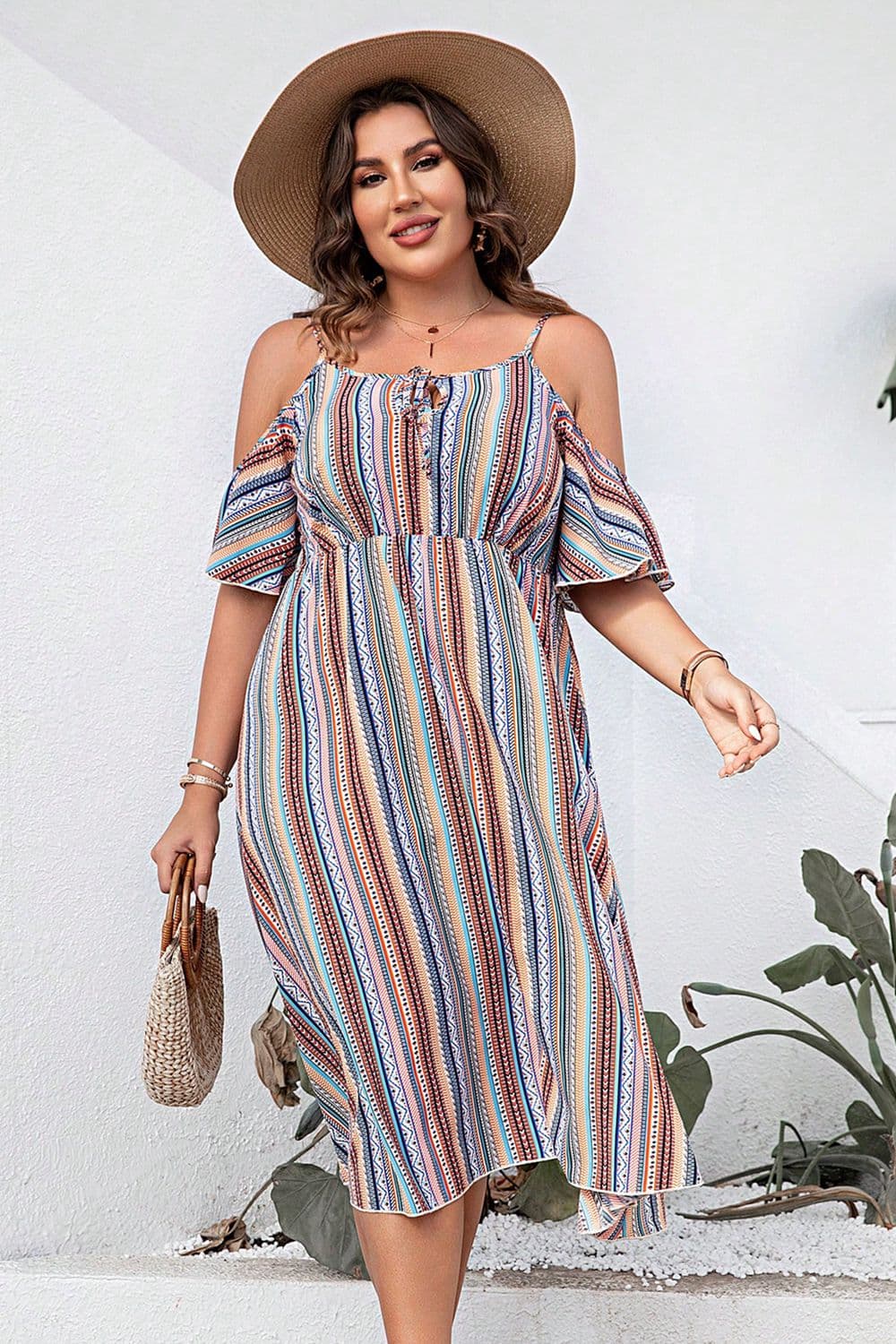 Plus Size Striped Cold - Shoulder Dress - MAD RUFFI