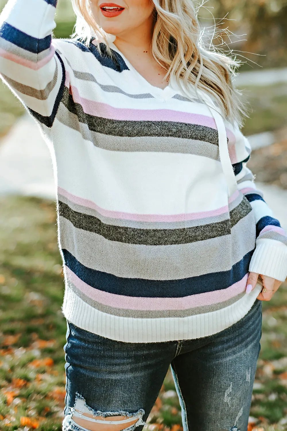 Plus Size Striped Long Sleeve Hooded Sweater - MAD RUFFI
