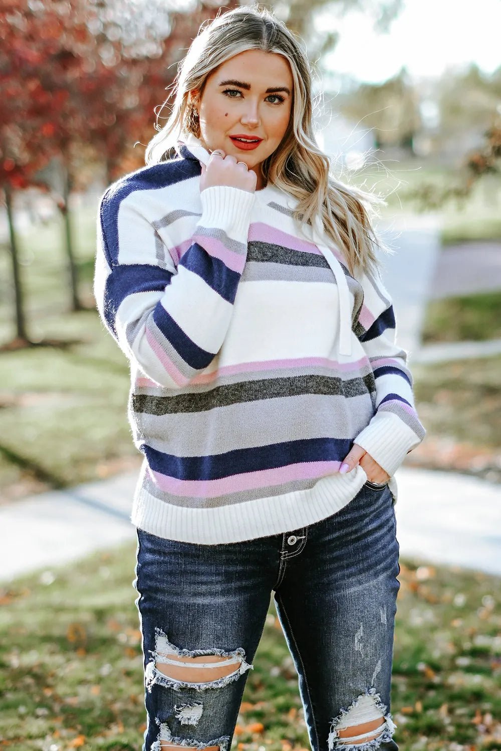 Plus Size Striped Long Sleeve Hooded Sweater - MAD RUFFI