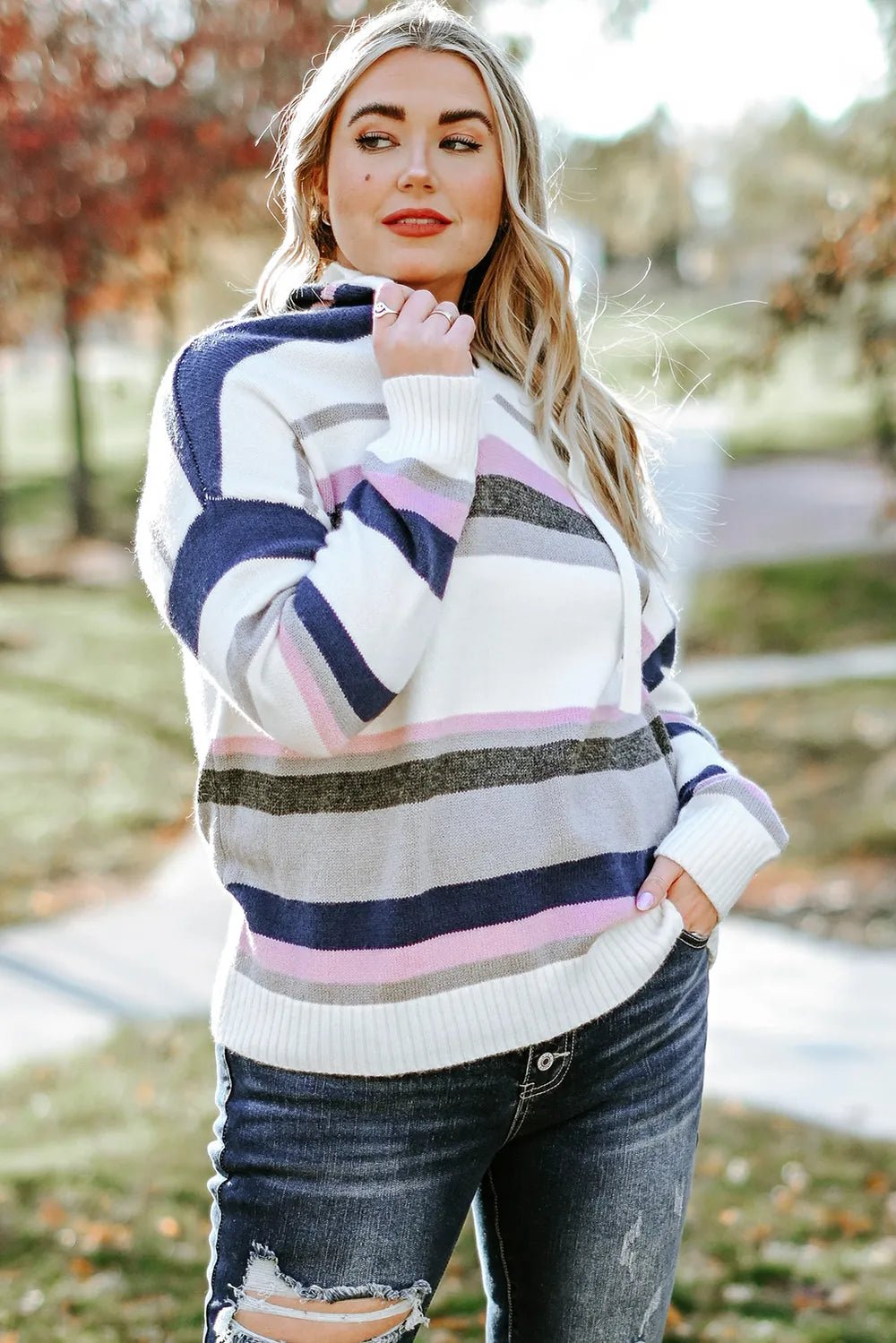 Plus Size Striped Long Sleeve Hooded Sweater - MAD RUFFI