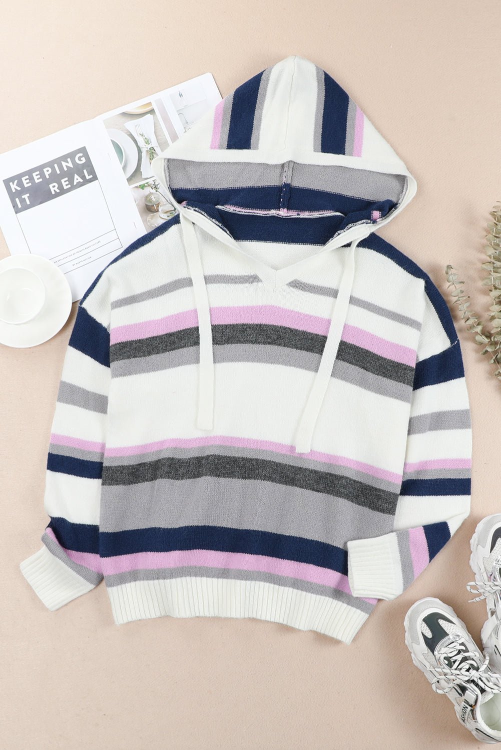 Plus Size Striped Long Sleeve Hooded Sweater - MAD RUFFI