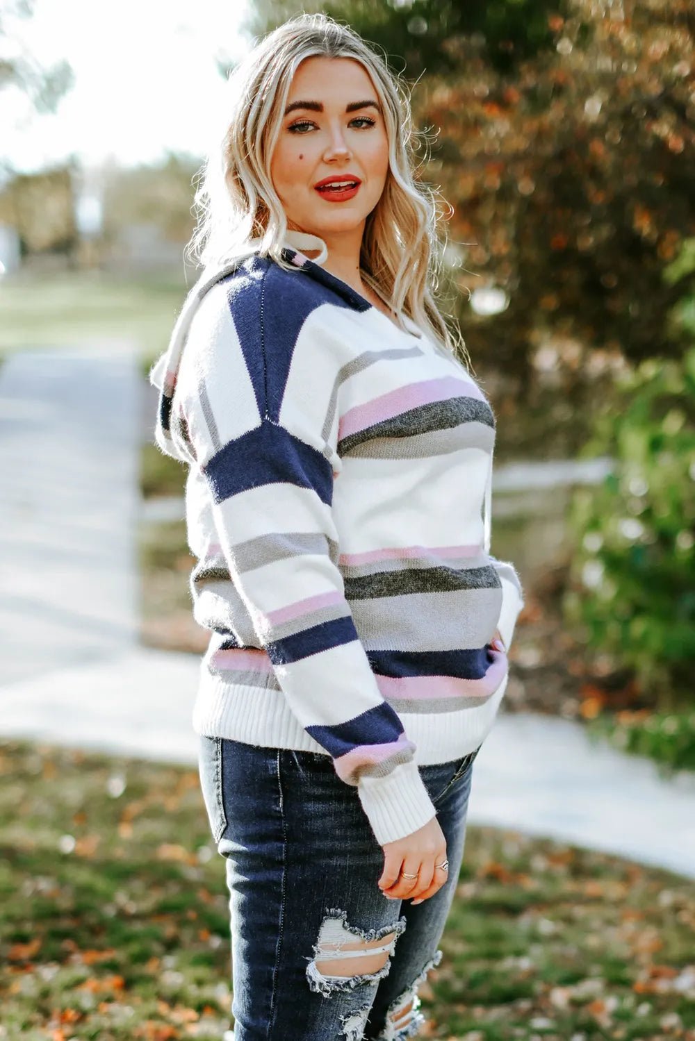 Plus Size Striped Long Sleeve Hooded Sweater - MAD RUFFI