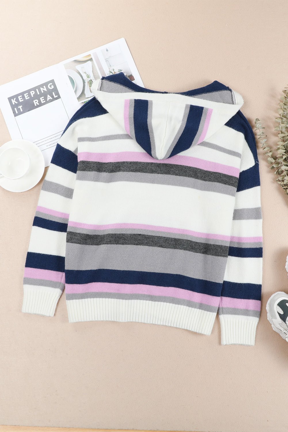 Plus Size Striped Long Sleeve Hooded Sweater - MAD RUFFI