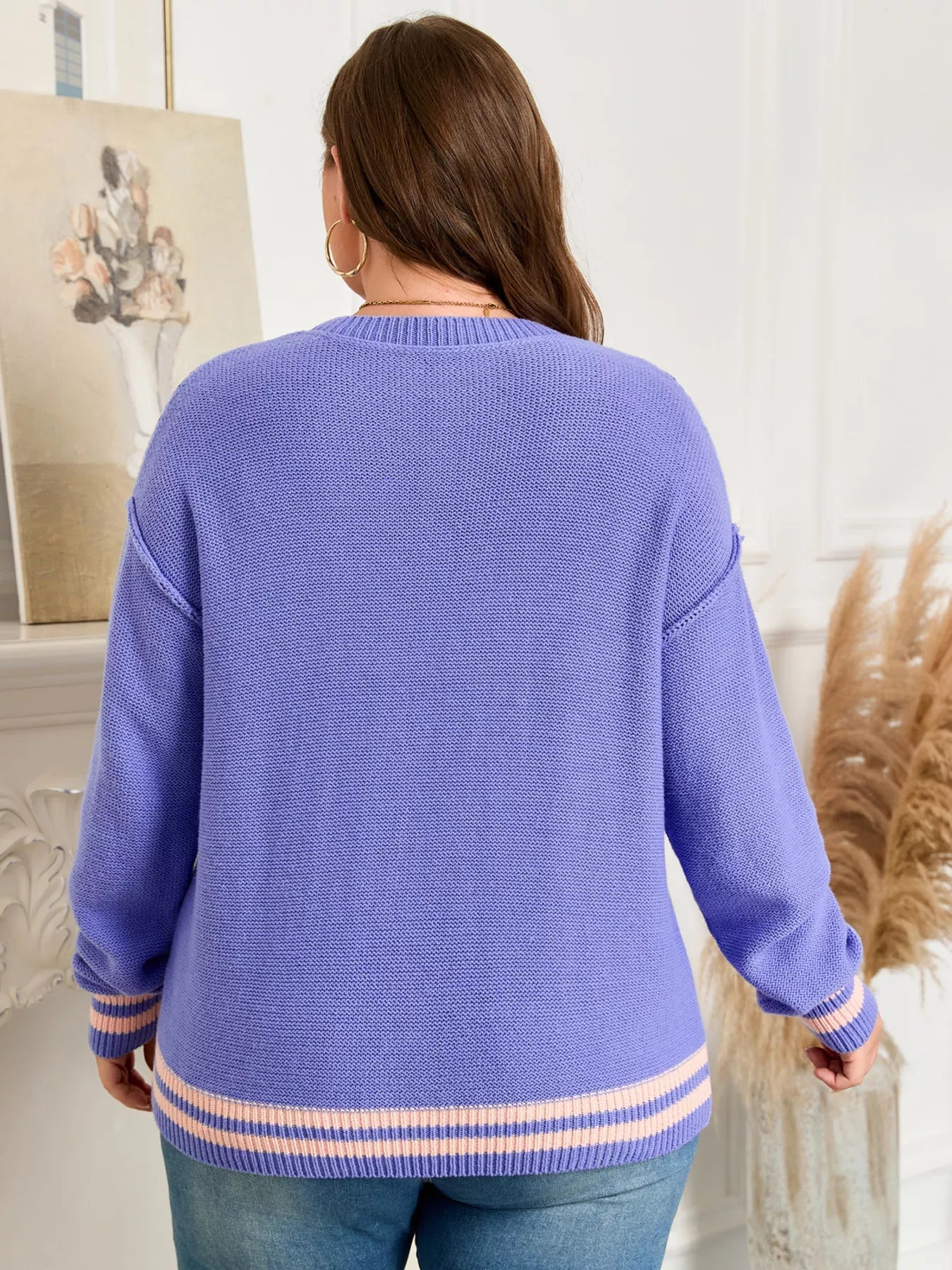 Plus Size Striped Trim Drop Shoulder Knit Loose Sweater - MAD RUFFI