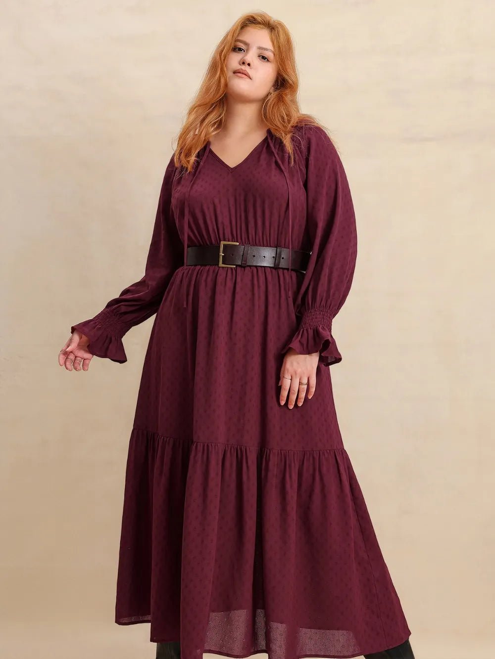 Plus Size Swiss Dot Tie Neck Flounce Sleeve Maxi Dress - MAD RUFFI