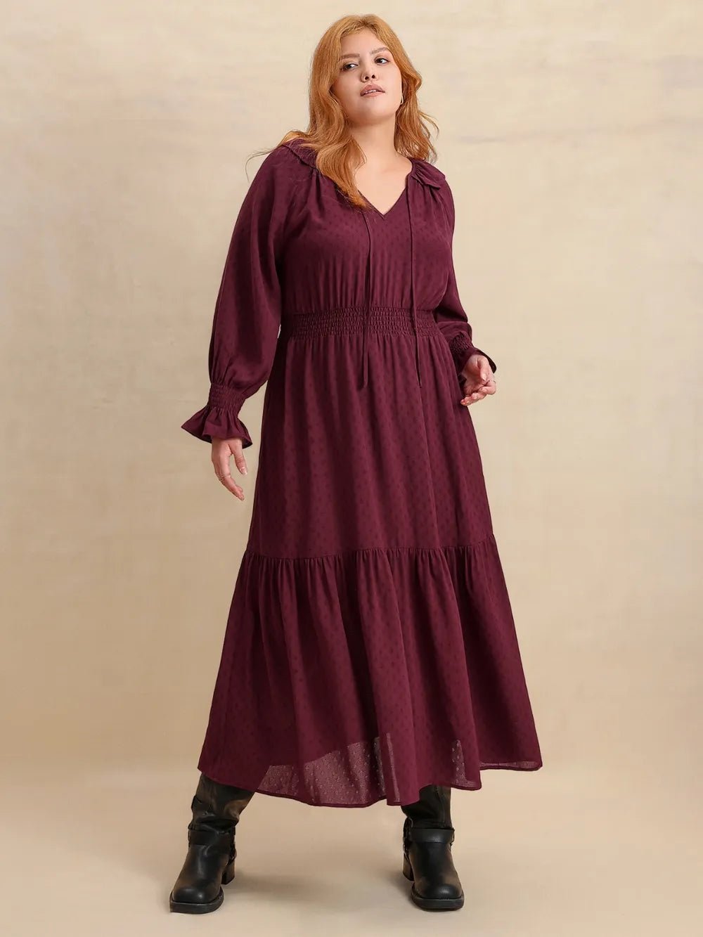 Plus Size Swiss Dot Tie Neck Flounce Sleeve Maxi Dress - MAD RUFFI