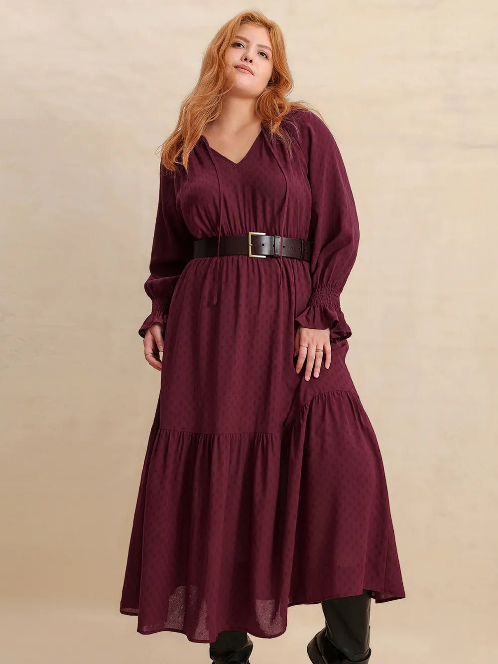 Plus Size Swiss Dot Tie Neck Flounce Sleeve Maxi Dress - MAD RUFFI