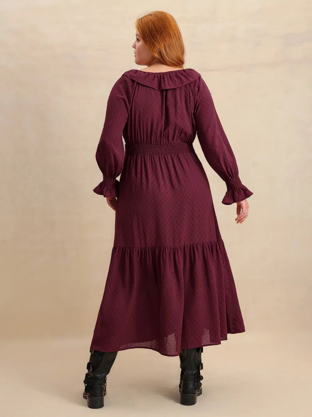 Plus Size Swiss Dot Tie Neck Flounce Sleeve Maxi Dress - MAD RUFFI