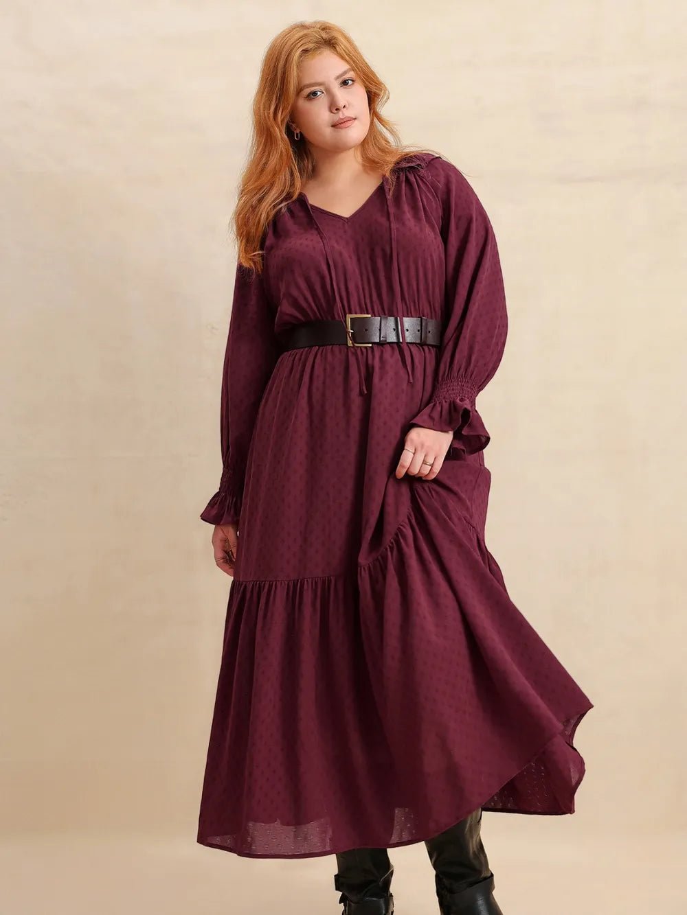 Plus Size Swiss Dot Tie Neck Flounce Sleeve Maxi Dress - MAD RUFFI