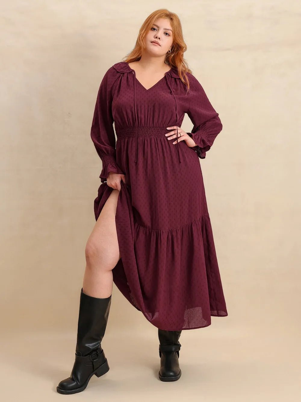 Plus Size Swiss Dot Tie Neck Flounce Sleeve Maxi Dress - MAD RUFFI