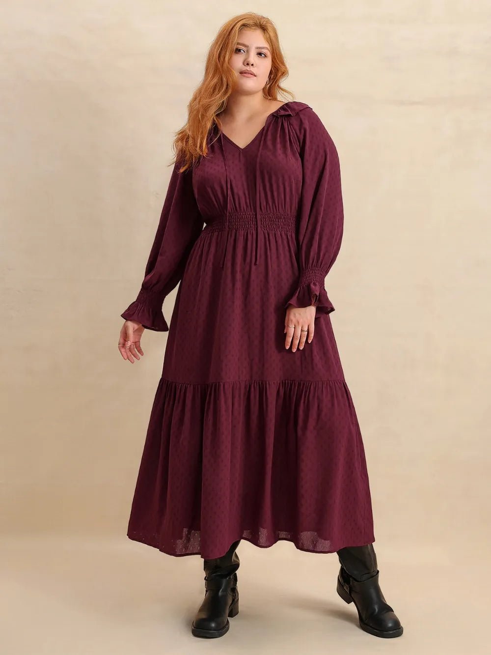 Plus Size Swiss Dot Tie Neck Flounce Sleeve Maxi Dress - MAD RUFFI
