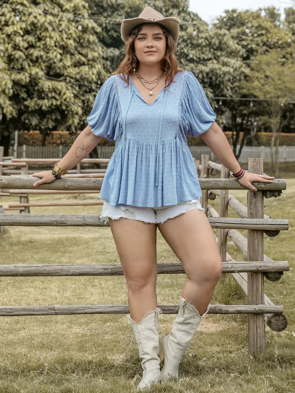 Plus Size Swiss Dot Tie Neck Short Sleeve Blouse - MAD RUFFI