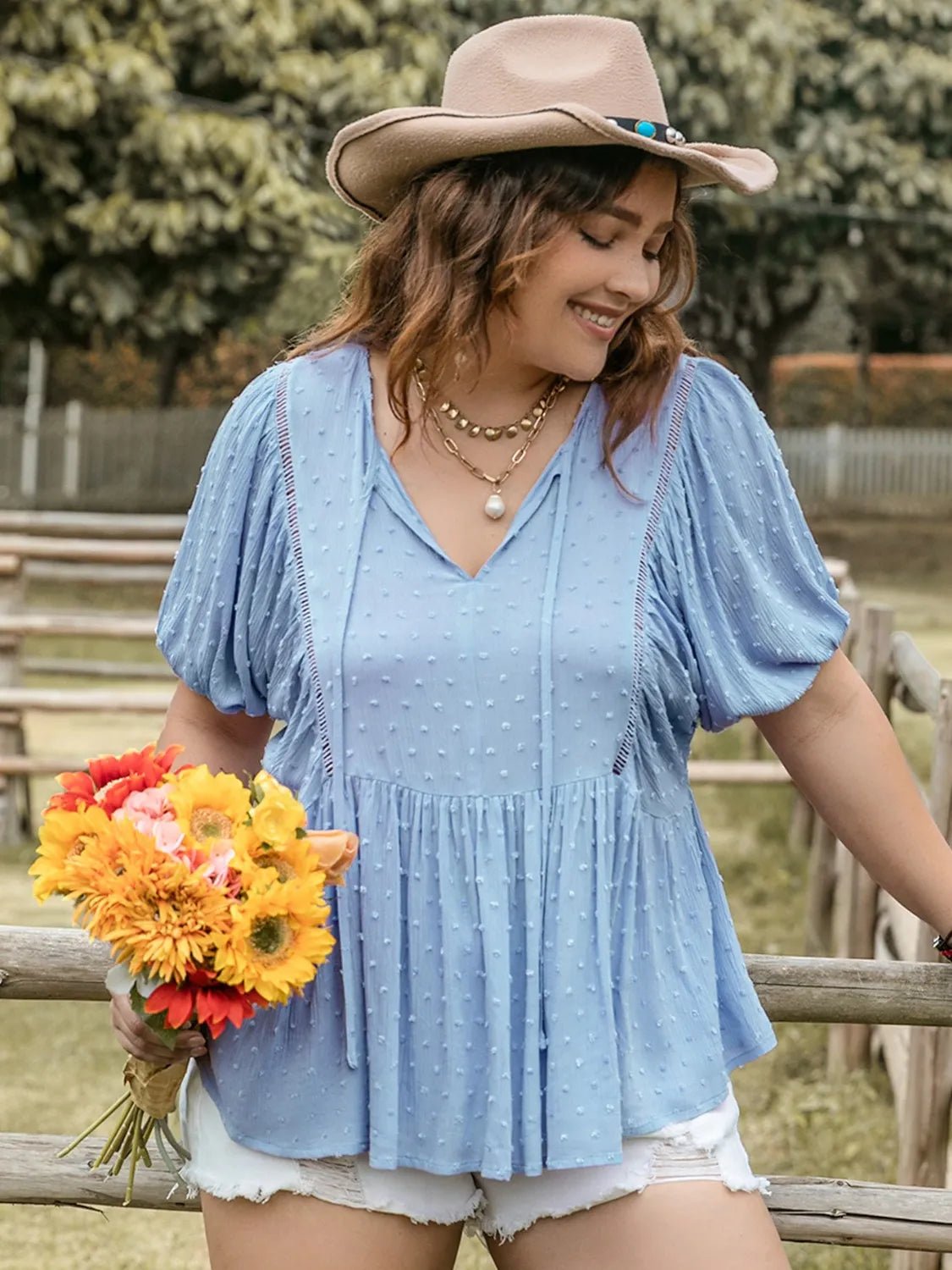 Plus Size Swiss Dot Tie Neck Short Sleeve Blouse - MAD RUFFI