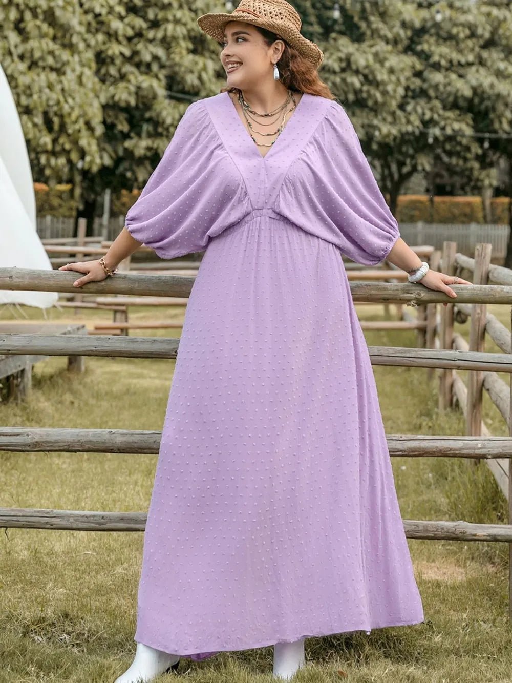 Plus Size Swiss Dot V - Neck Midi Dress - MAD RUFFI