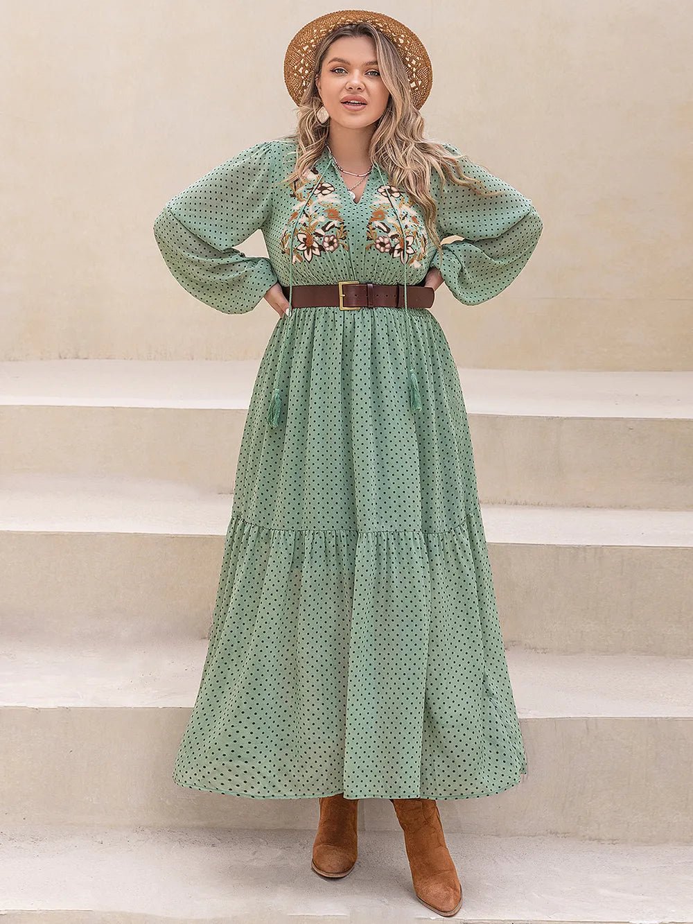 Plus Size Tassel Printed Tie Neck Long Sleeve Midi Dress - MAD RUFFI