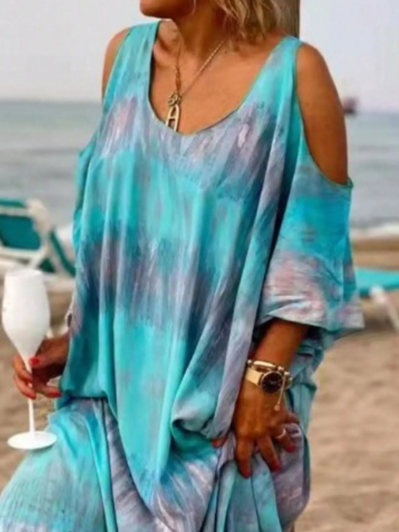 Plus Size Tie - Dye Cold Shoulder Maxi Dress - MAD RUFFI