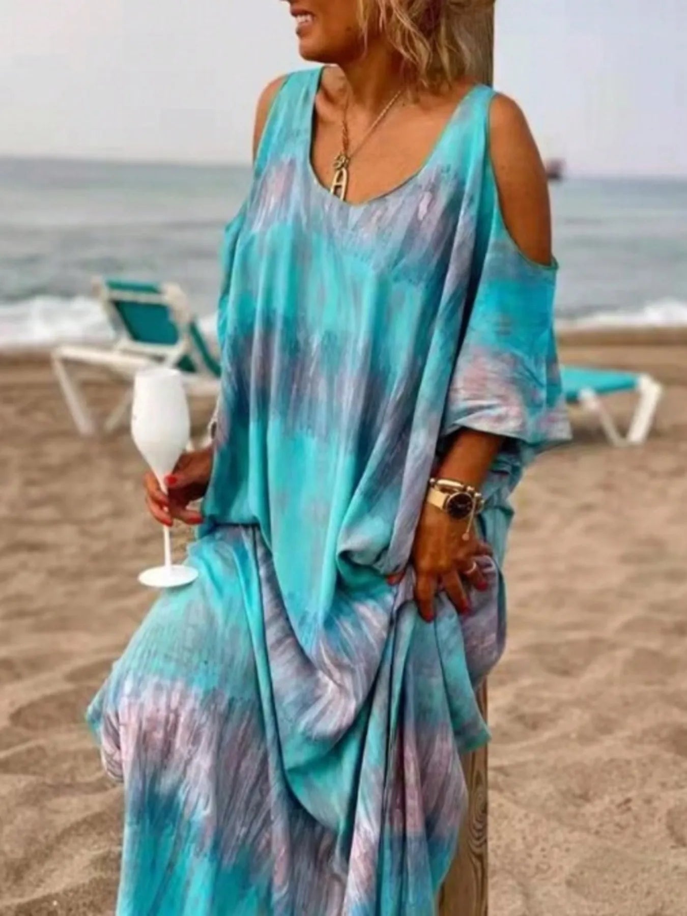 Plus Size Tie - Dye Cold Shoulder Maxi Dress - MAD RUFFI