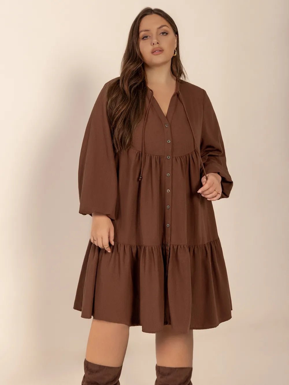 Plus Size Tie Neck Balloon Sleeve Tiered Dress - MAD RUFFI