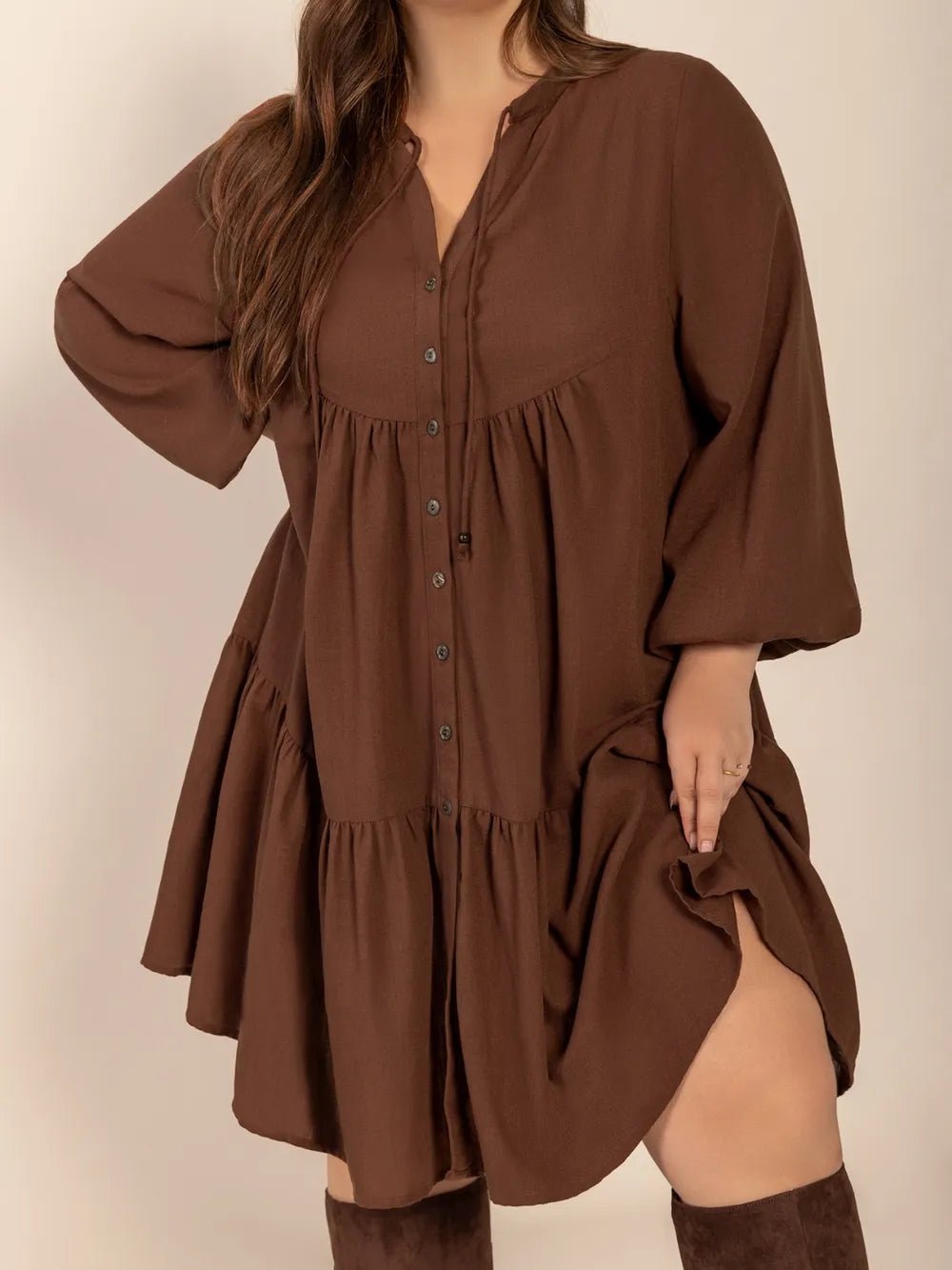 Plus Size Tie Neck Balloon Sleeve Tiered Dress - MAD RUFFI