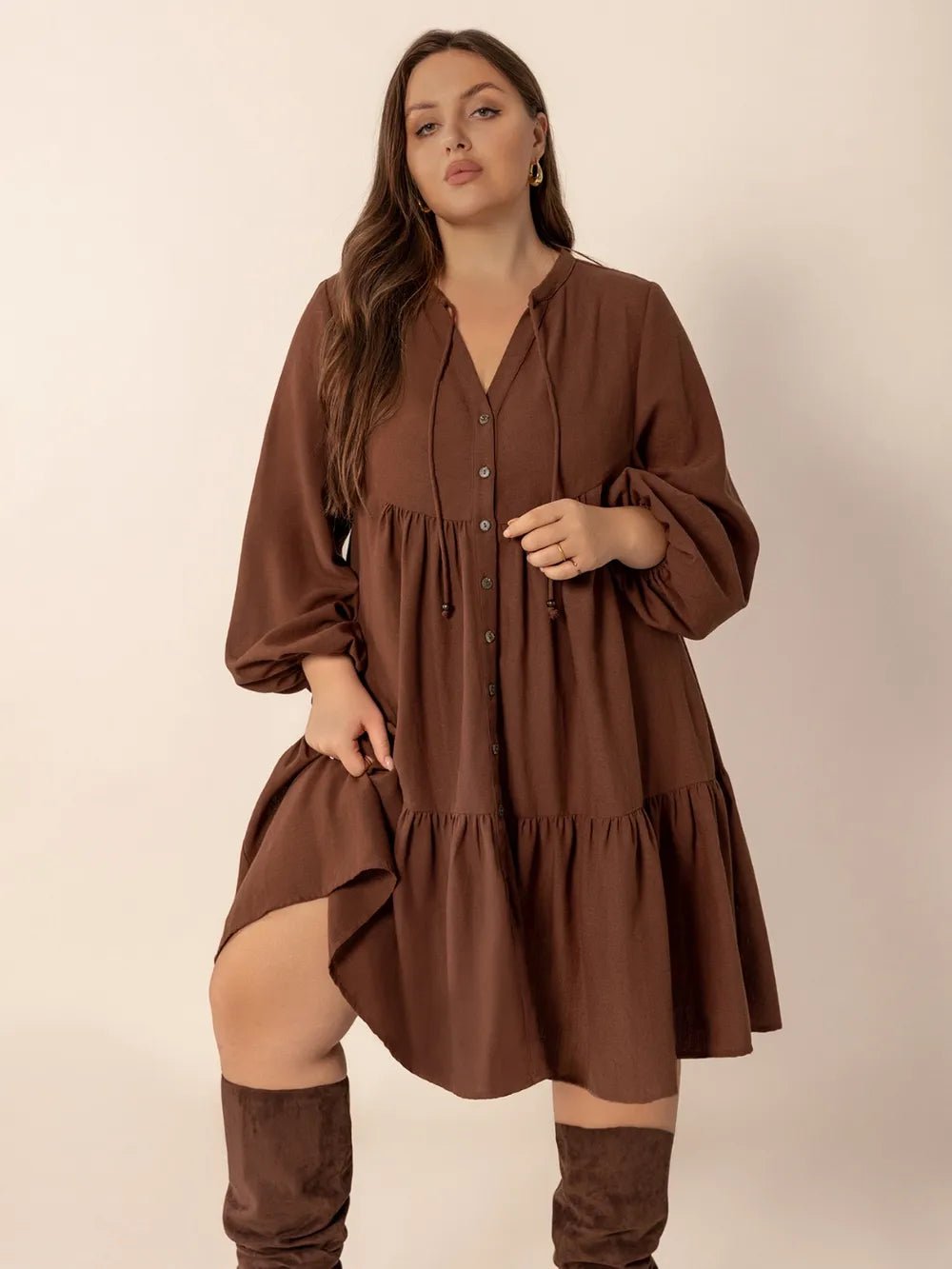 Plus Size Tie Neck Balloon Sleeve Tiered Dress - MAD RUFFI