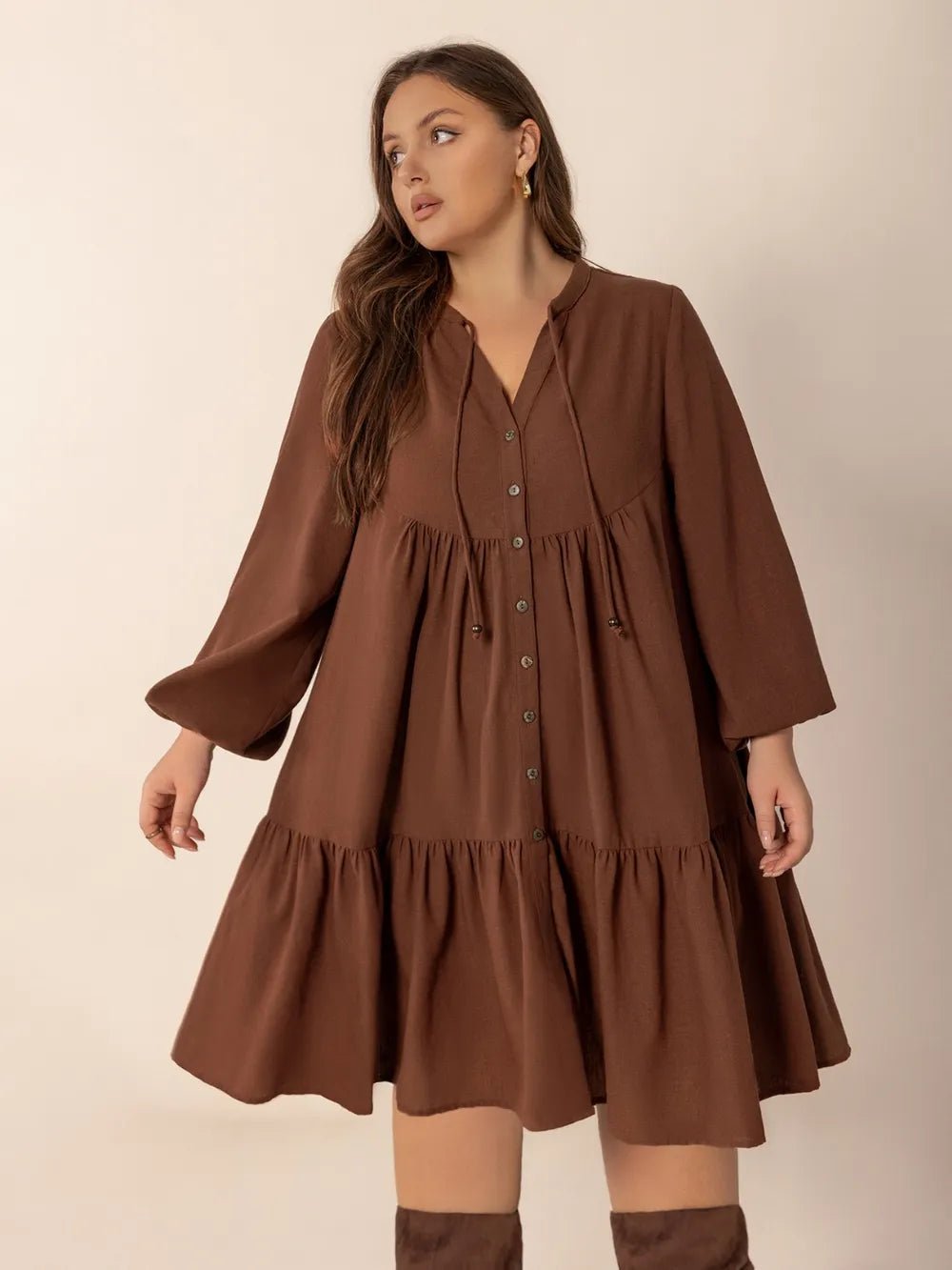 Plus Size Tie Neck Balloon Sleeve Tiered Dress - MAD RUFFI