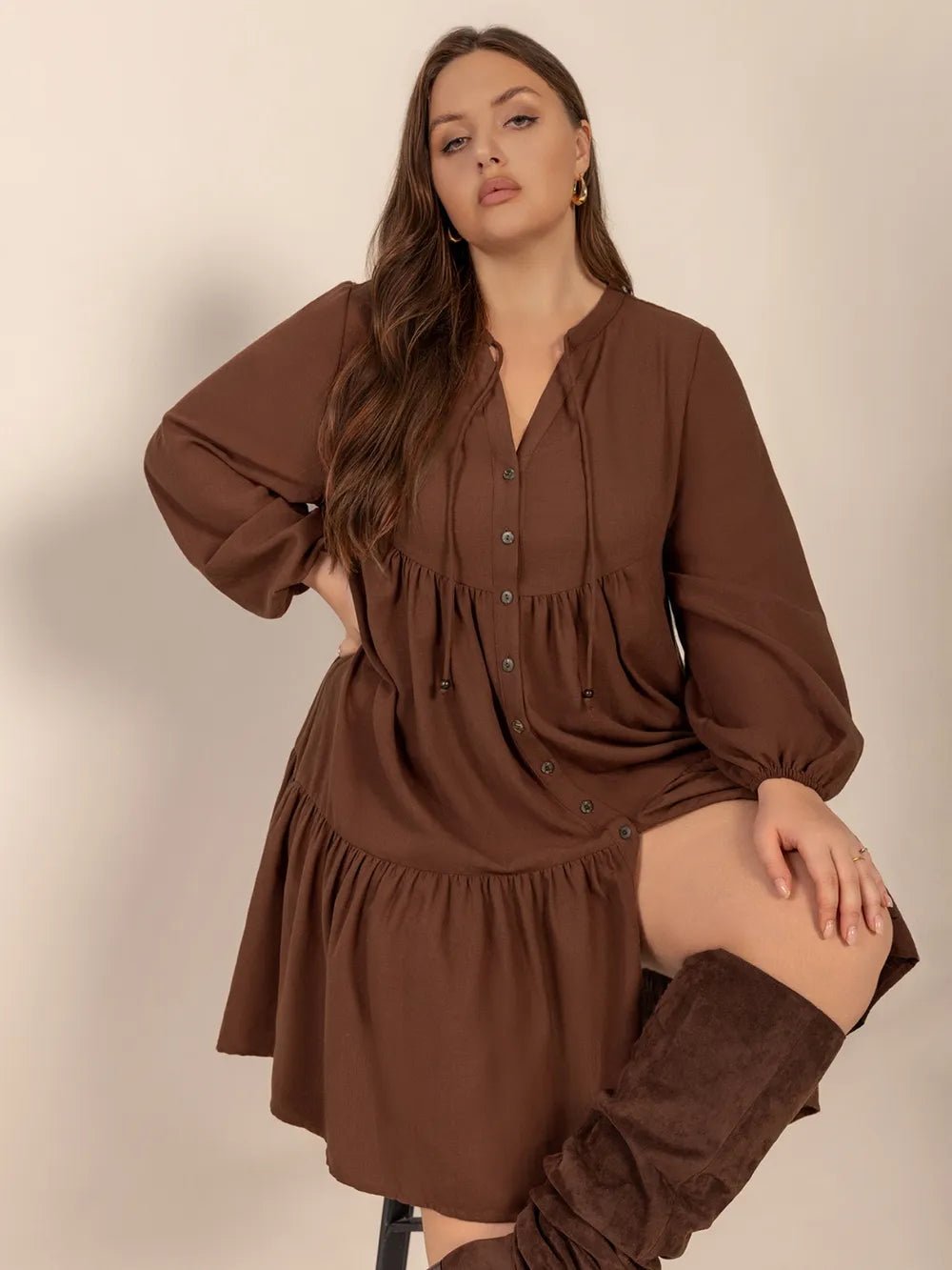 Plus Size Tie Neck Balloon Sleeve Tiered Dress - MAD RUFFI