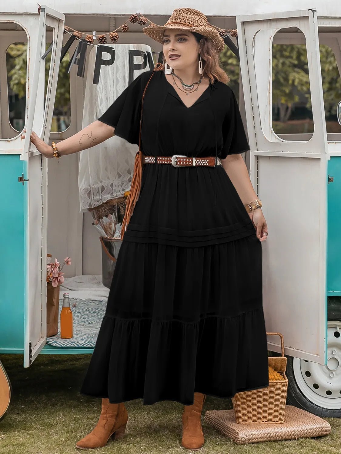 Plus Size Tie Neck Flutter Sleeve Dress - MAD RUFFI