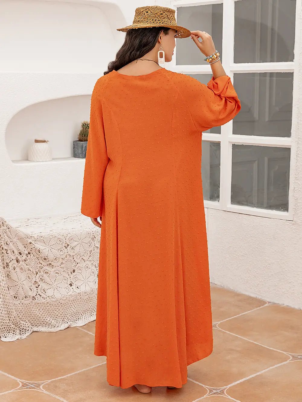Plus Size Tie Neck Long Sleeve Slit Dress - MAD RUFFI