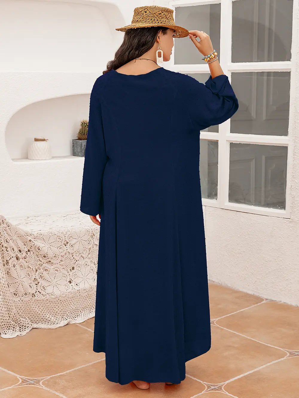 Plus Size Tie Neck Long Sleeve Slit Dress - MAD RUFFI