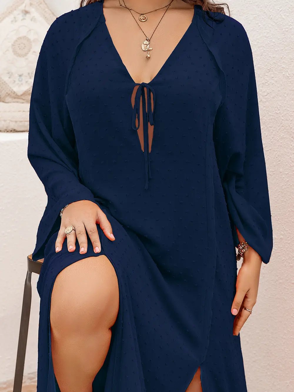 Plus Size Tie Neck Long Sleeve Slit Dress - MAD RUFFI
